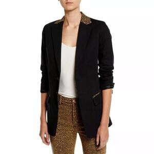 Current/Elliott l Black The Calla Cotton-Wool Blazer w/ Leopard Print Trim Sz 0